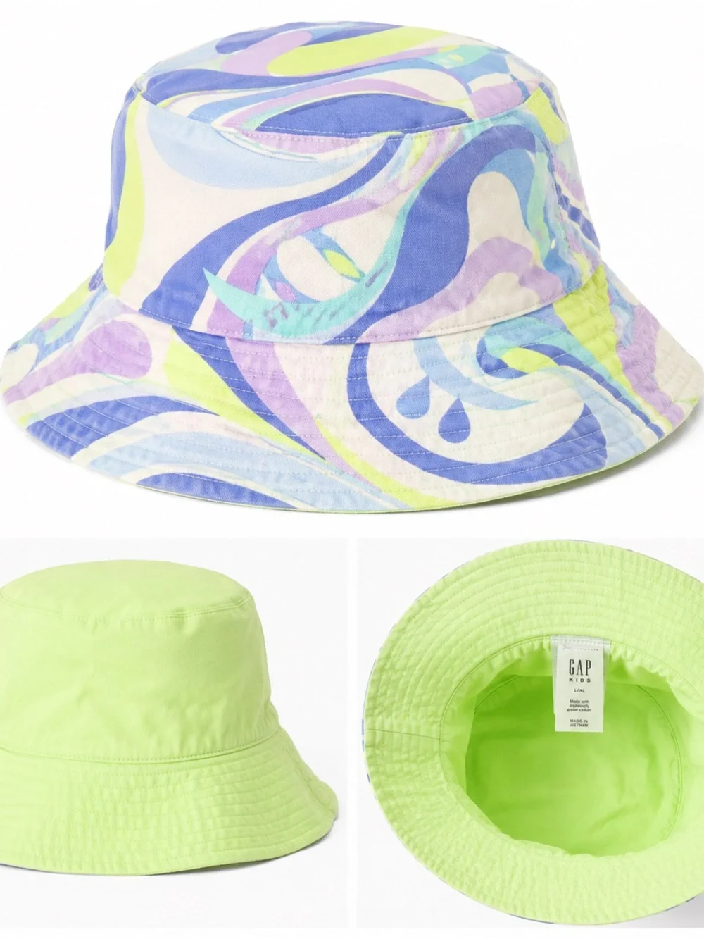 Gap Kids Reversible Bucket Hat L/XL Pastel Psychedelic Print Neon Green